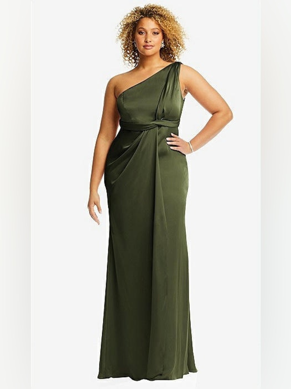 NWT Dessy Collection Green One-Shoulder Draped Empire Waist Trumpet Gown Size 4R